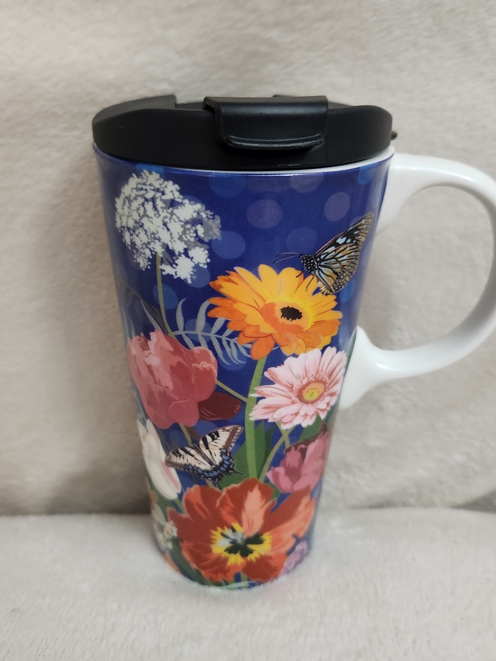 Blue Floral Butterfly Ceramic Travel Mug with Black Lid